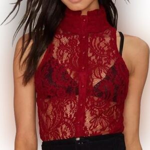 Nasty Gal Red Button Up Sheer Lace Top Shirt tank